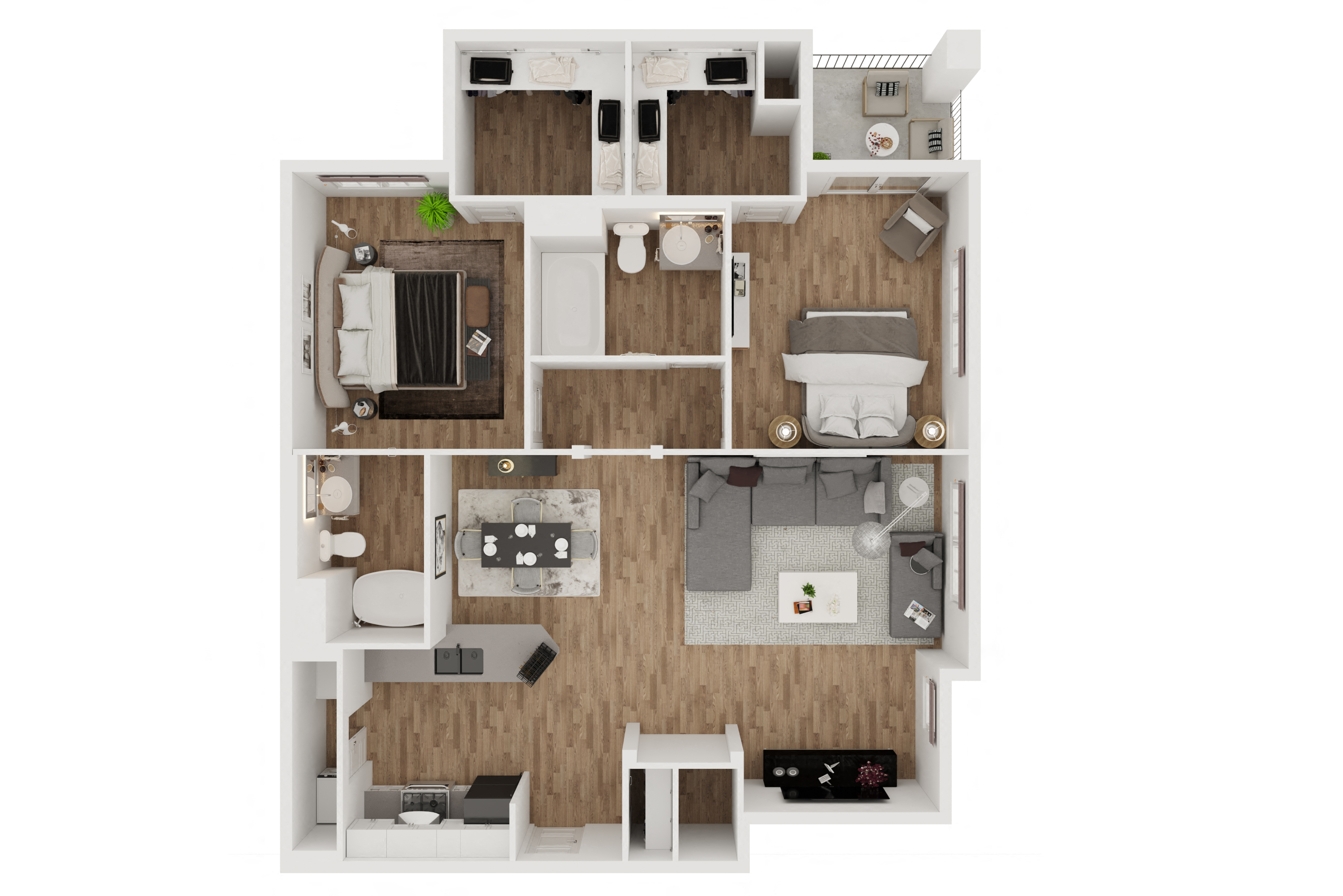 Floor plan for 2 beds, 2 baths, 1052 sqft